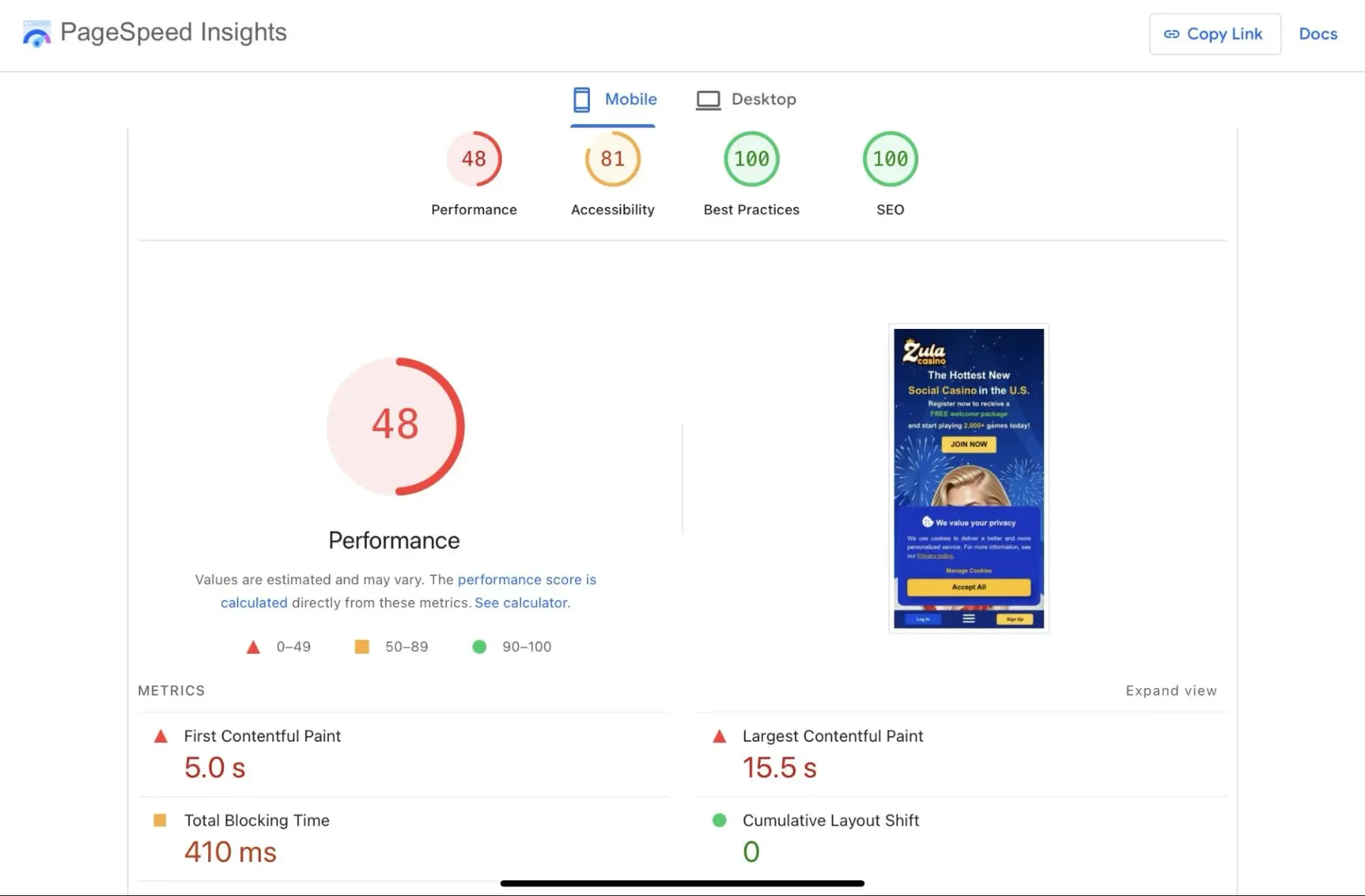 Zula Casino Page Speed