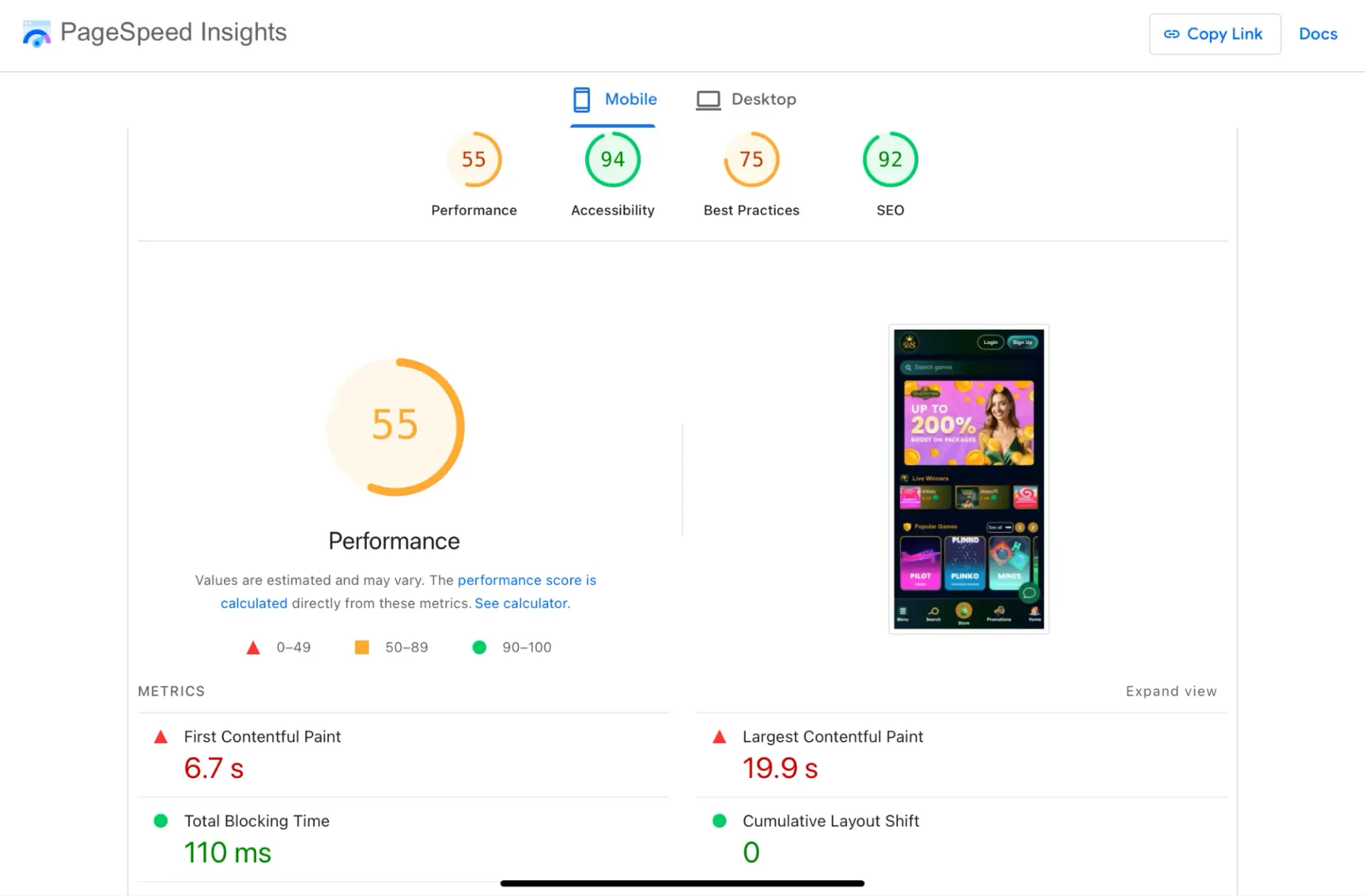 RichSweeps casino page speed