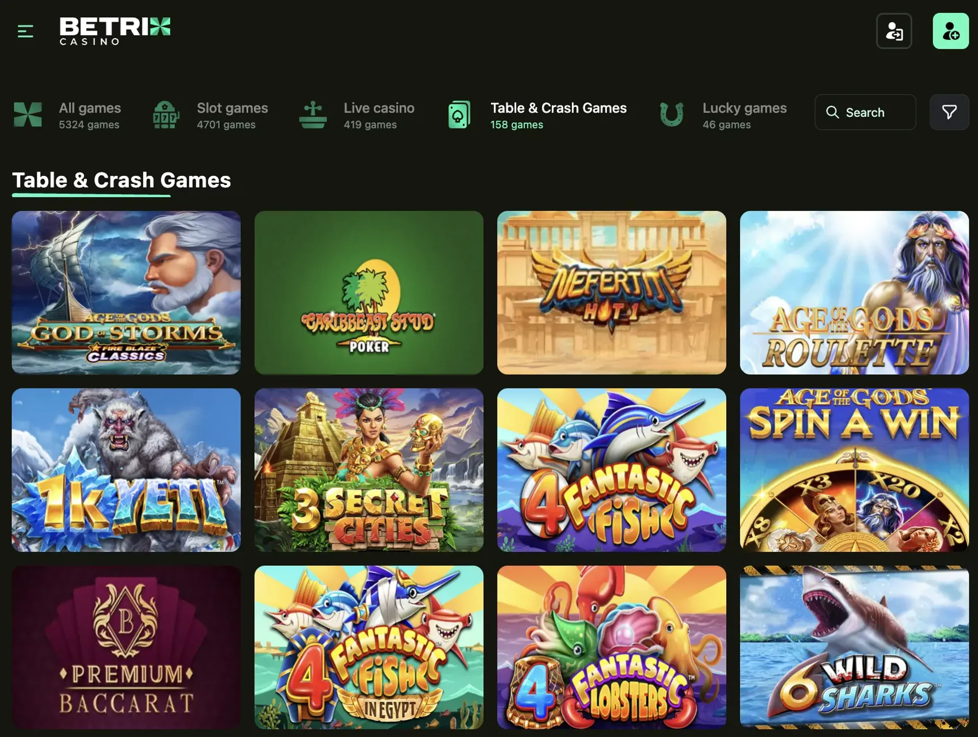 Betrix table and crash games