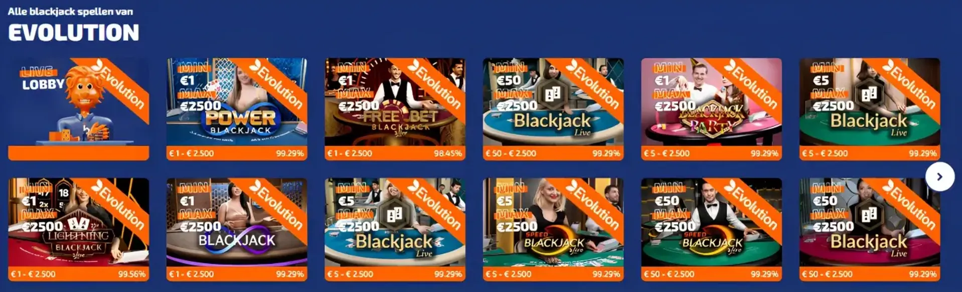 Alle Blackjack spellen van Evolution bij Betnation