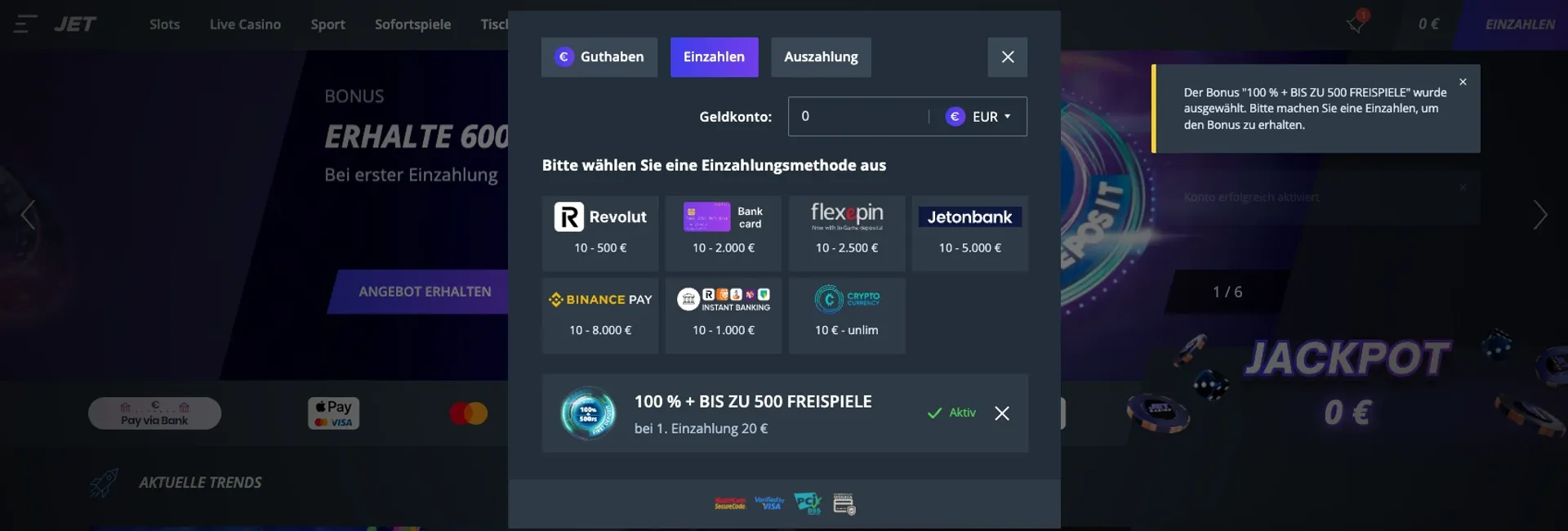 Jet Casino Zahlungen