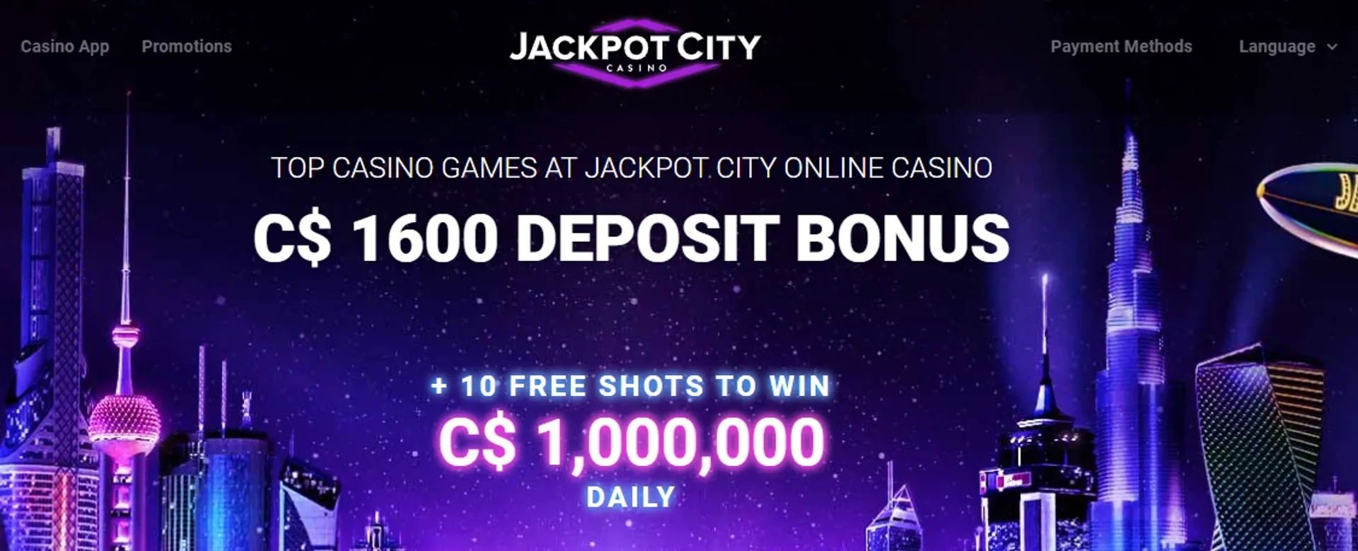 Jackpot City Casino homepage showing C$1600 welcome bonus and daily free spins offer for Canadian players
