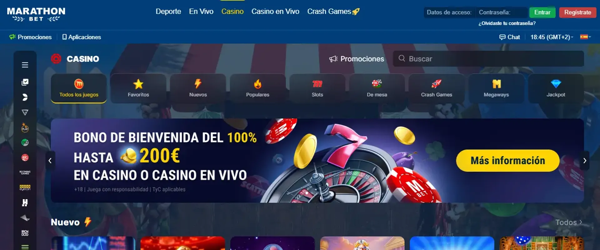 Sección de bonos de casino en Marathonbet