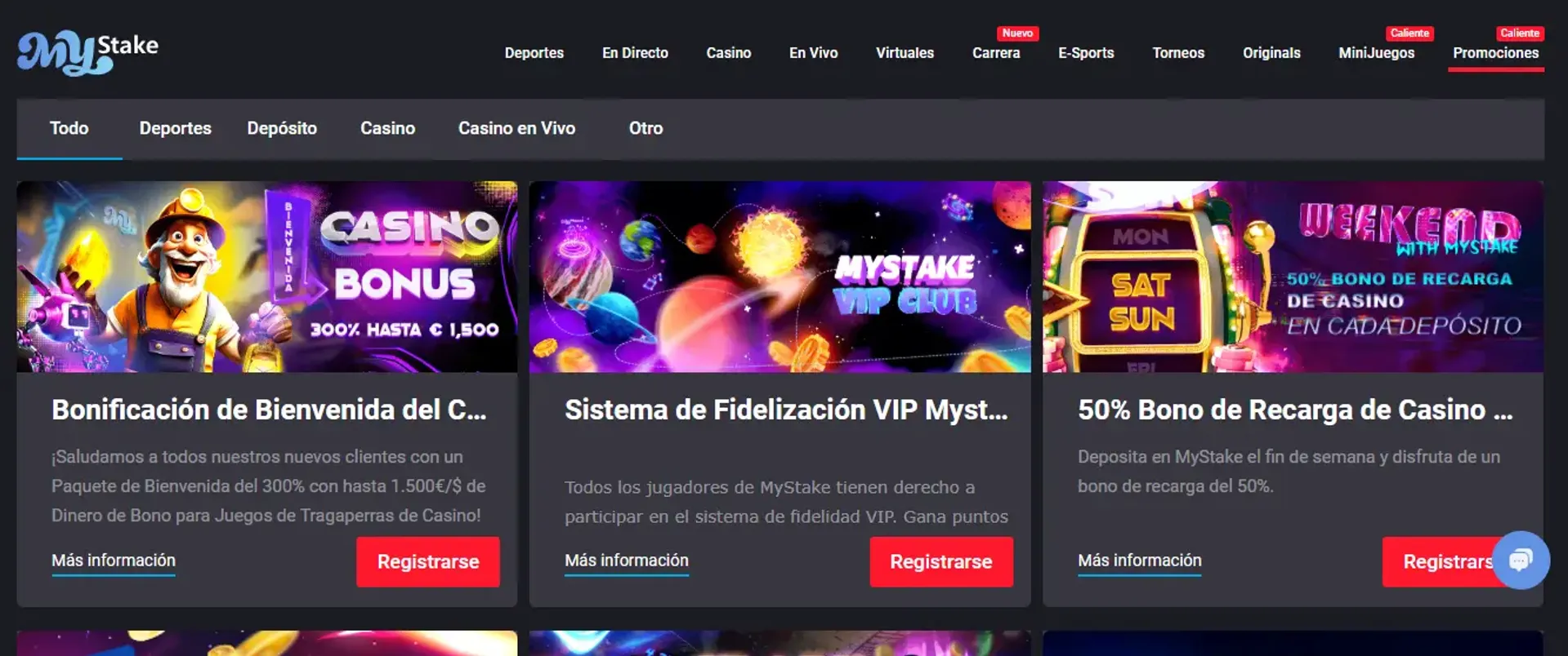 Catálogo de bonos del casino Mystake