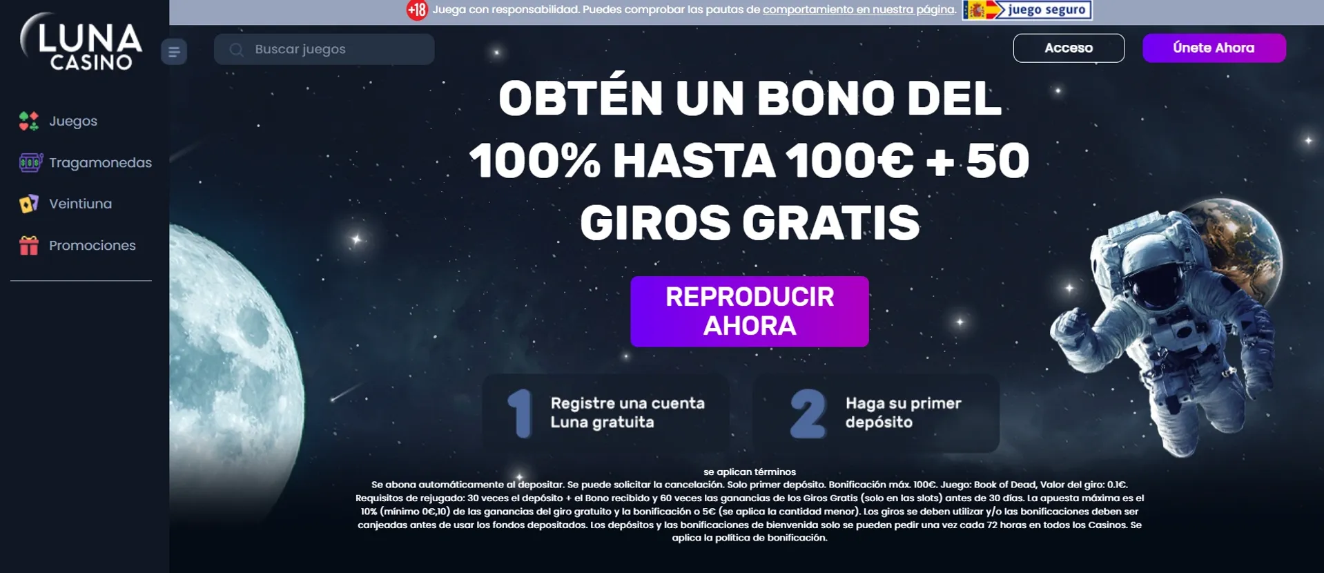 Captura del bono de bienvenida en el casino online Luna