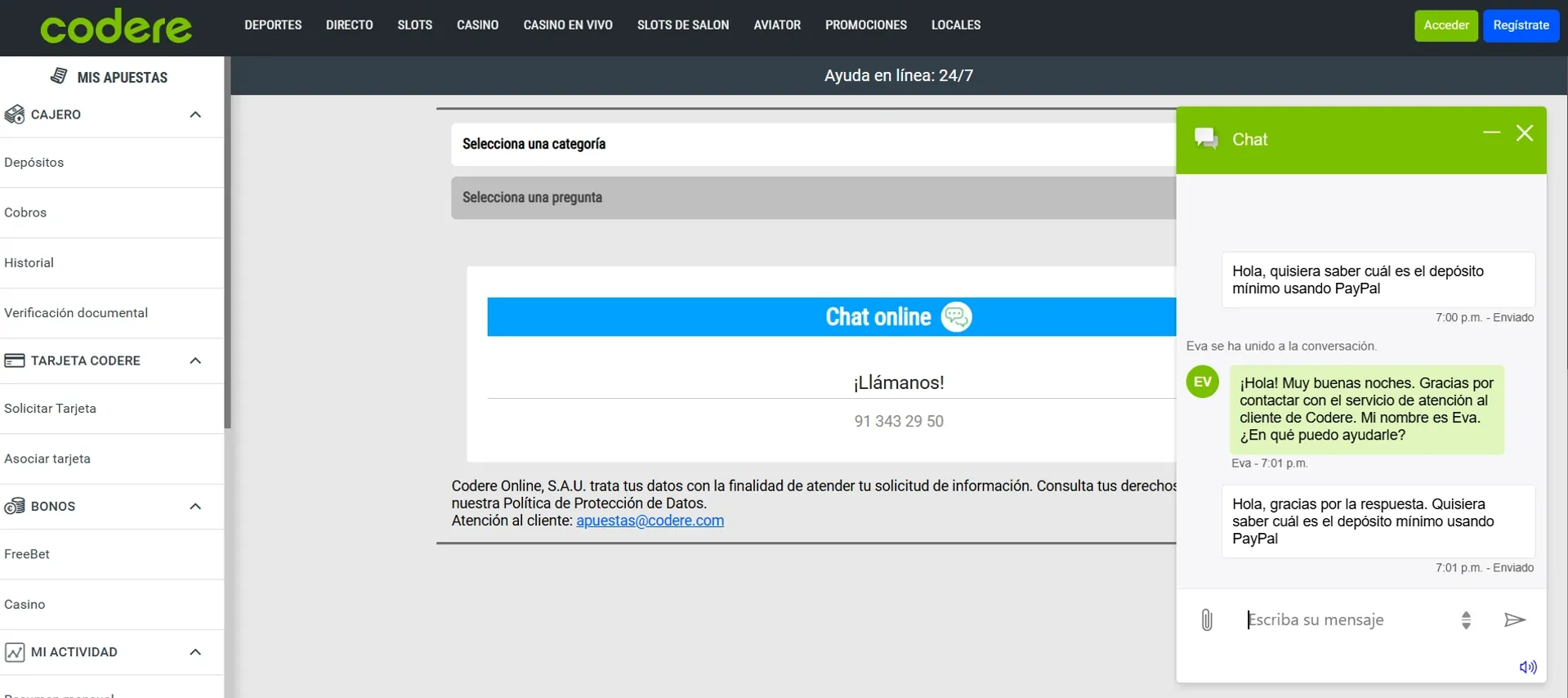chat en vivo de codere Captura de una ventana de chat en vivo en Codere