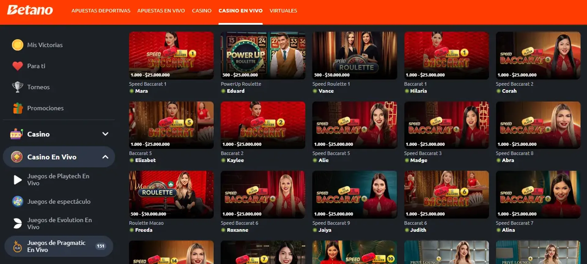 Así luce la sección de casino en vivo en Betano
