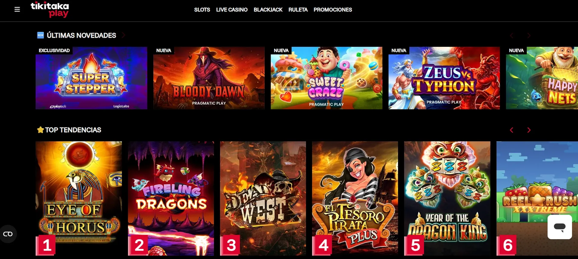 Captura de la biblioteca de slots del casino Tiki Taka Play