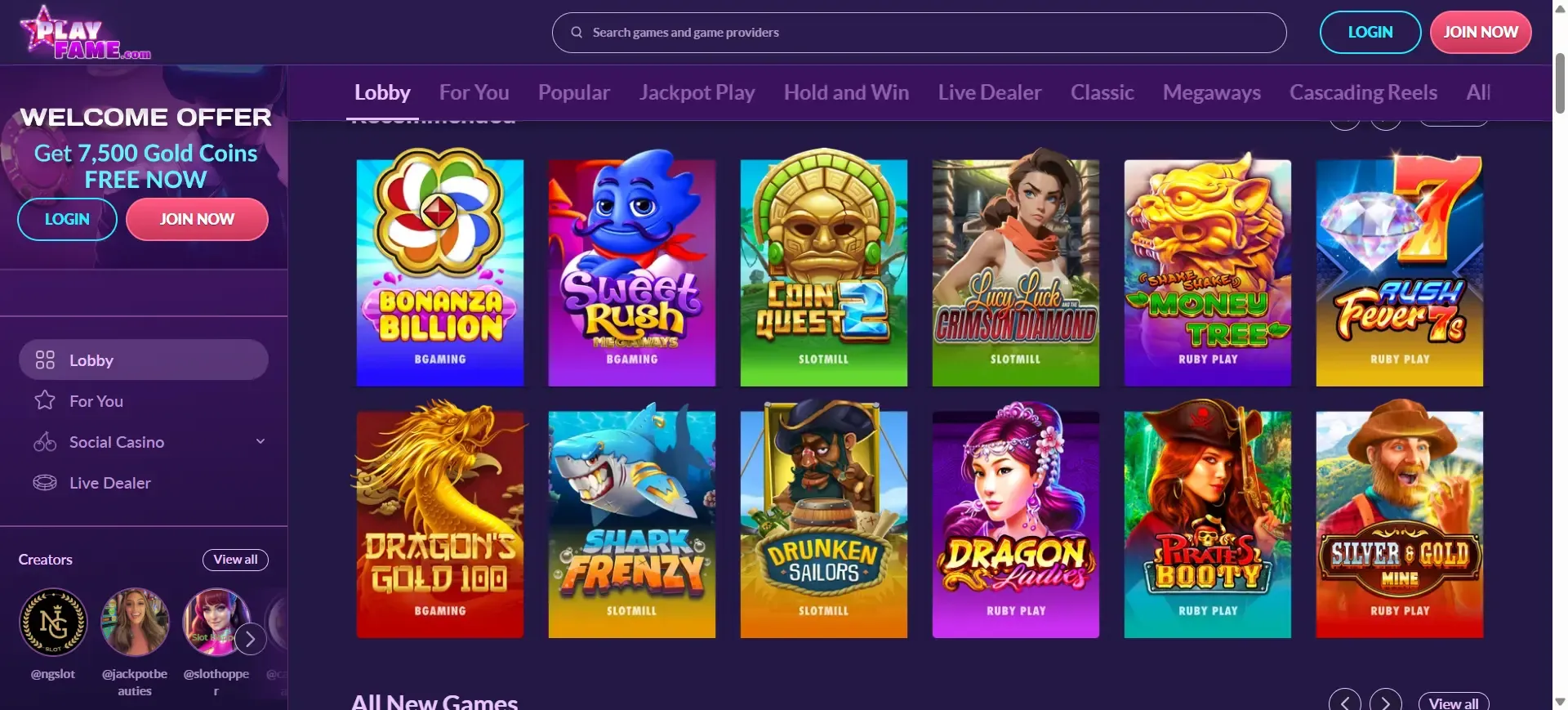 Game selection at Playfame