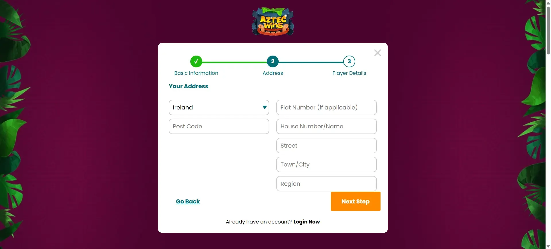 Adding address information when signing up at Aztec Wins