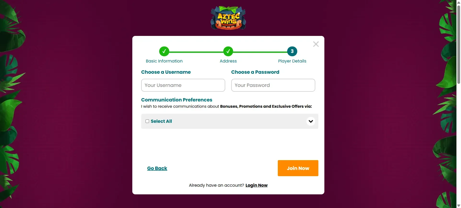 Final step of creating an account at Aztec Wins