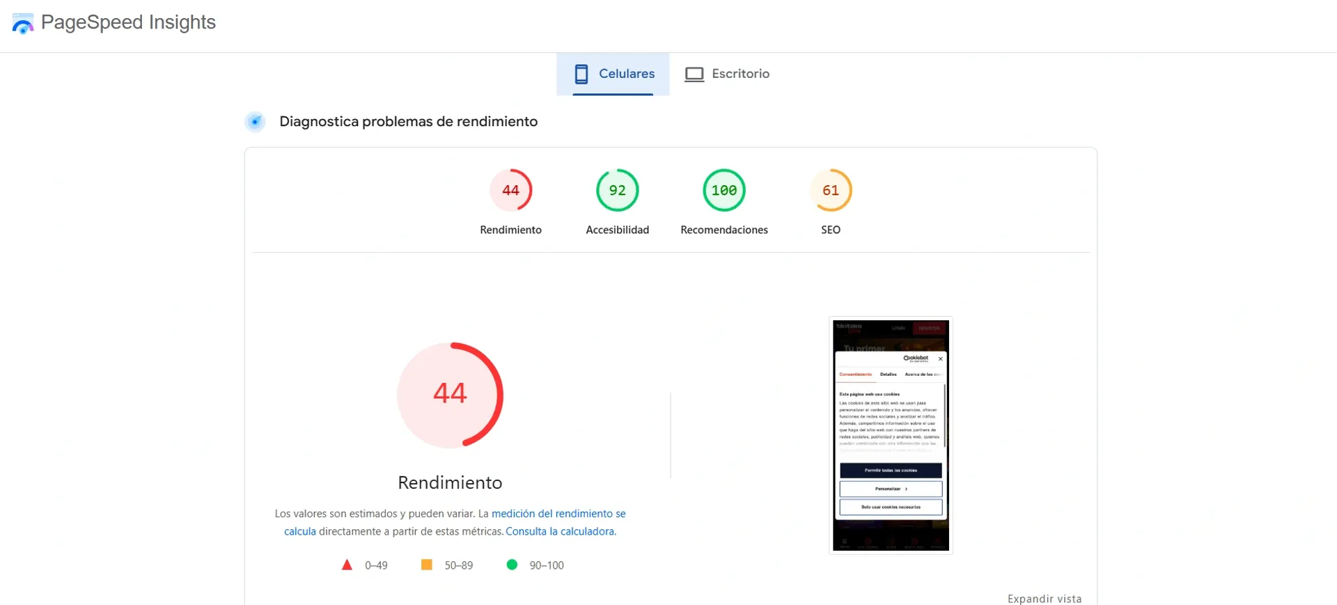 Captura del rendimiento móvil de Tiki Taka Play con la herramienta PageSpeed Insights