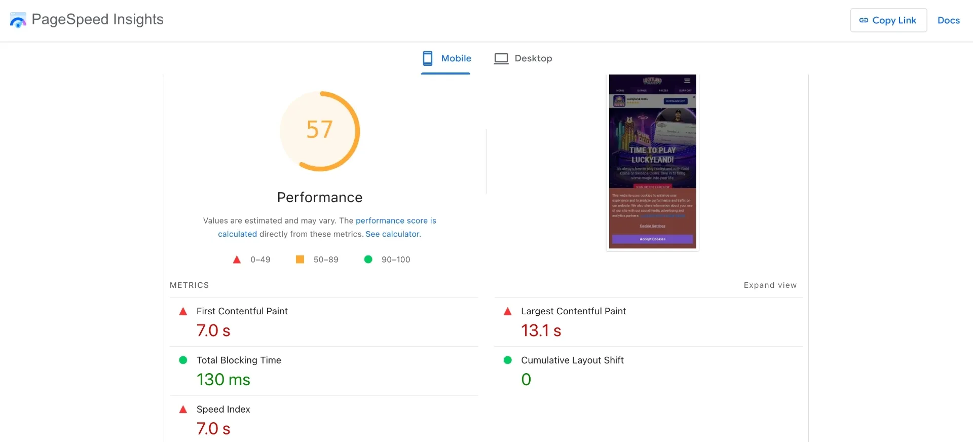 Luckyland page speed