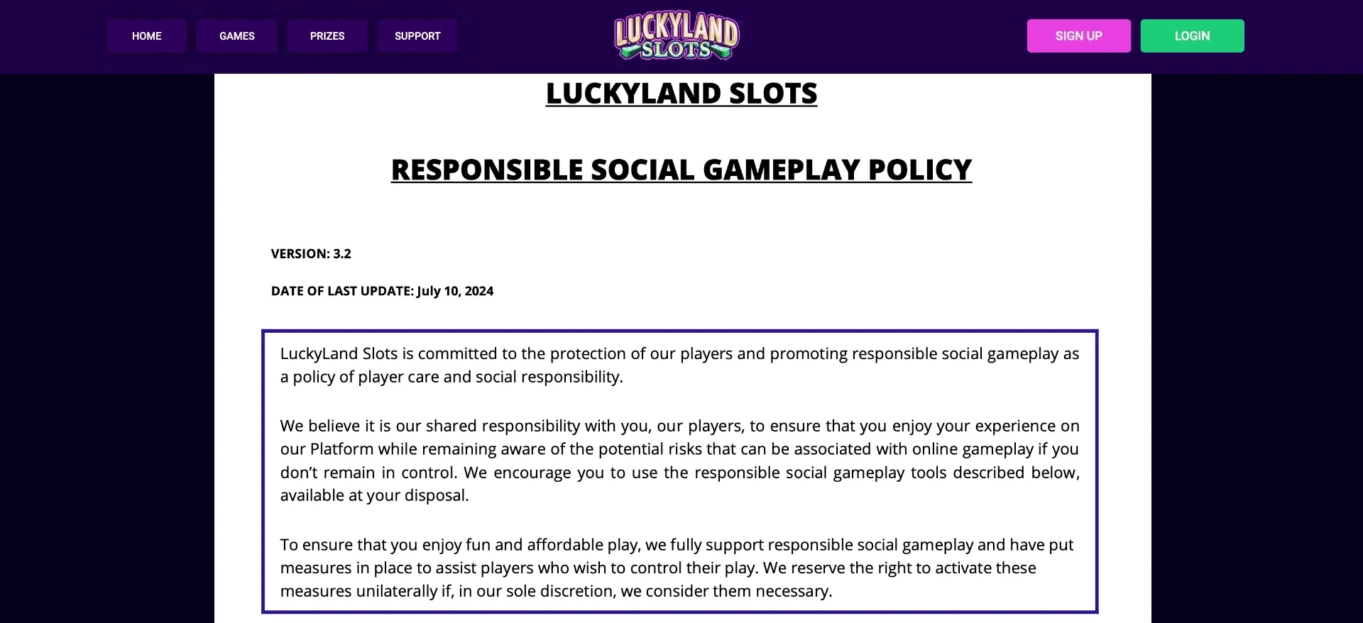 Luckyland Responsible Social Gameplay Policy