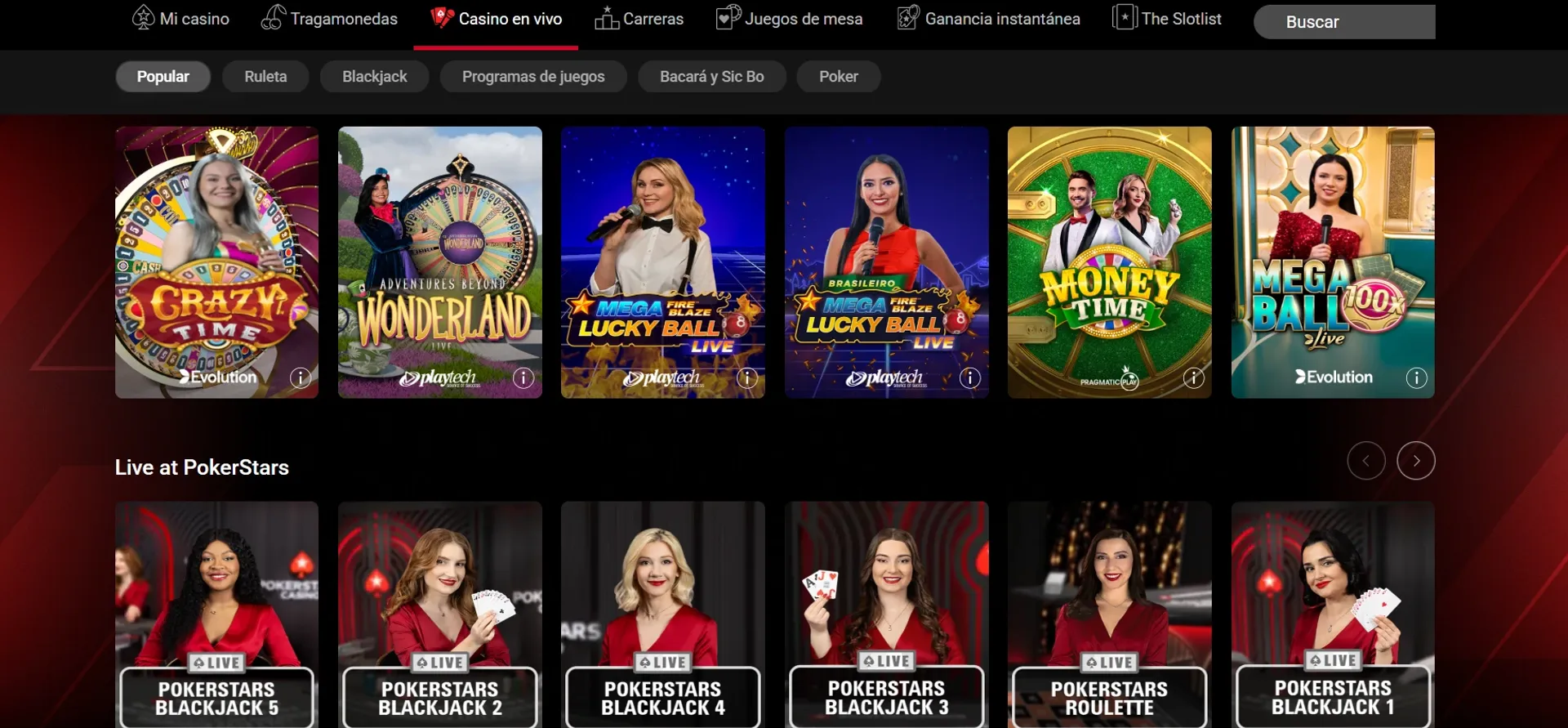 Sección de casino en vivo en PokerStars