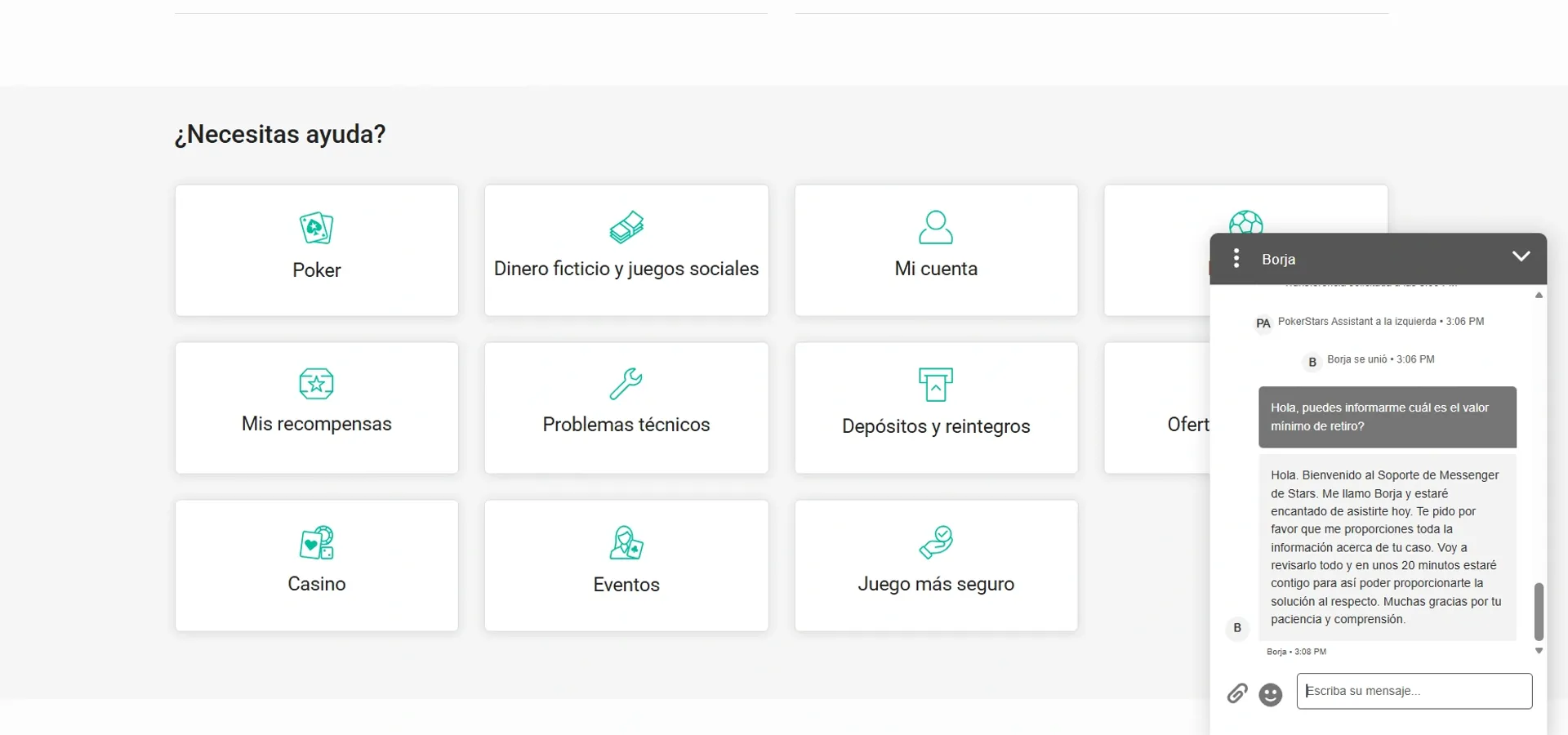Captura de una sesión de chat en vivo en PokerStars