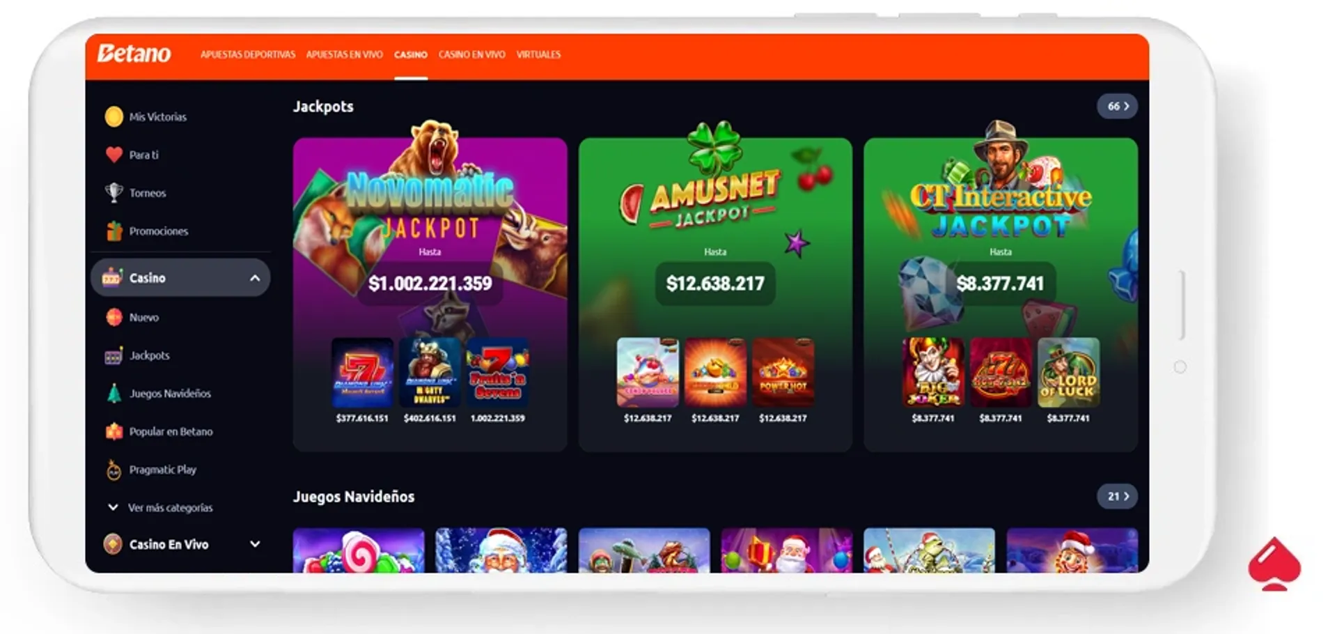 Captura del lobby de Betano, un casino que acepta Brubank