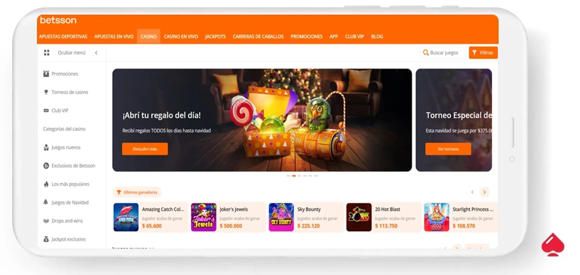 Captura del lobby del casino Betsson, un operador que acepta Brubank