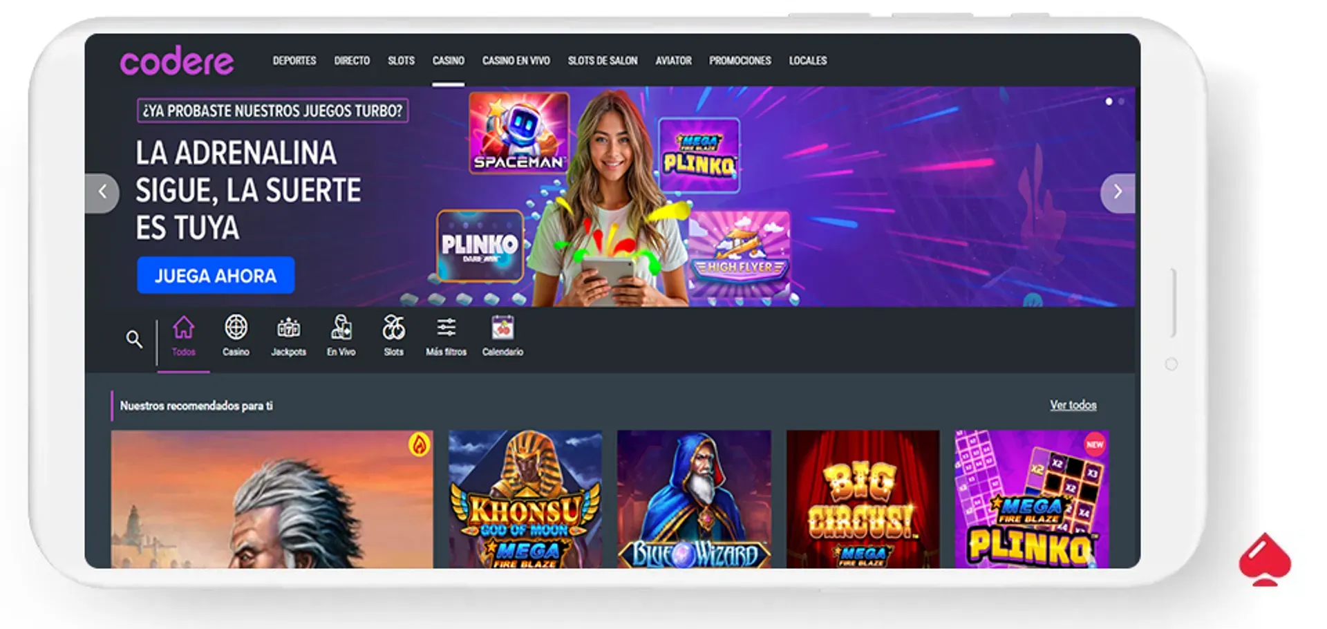 Captura del lobby de Codere, un operador que acepta Skrill