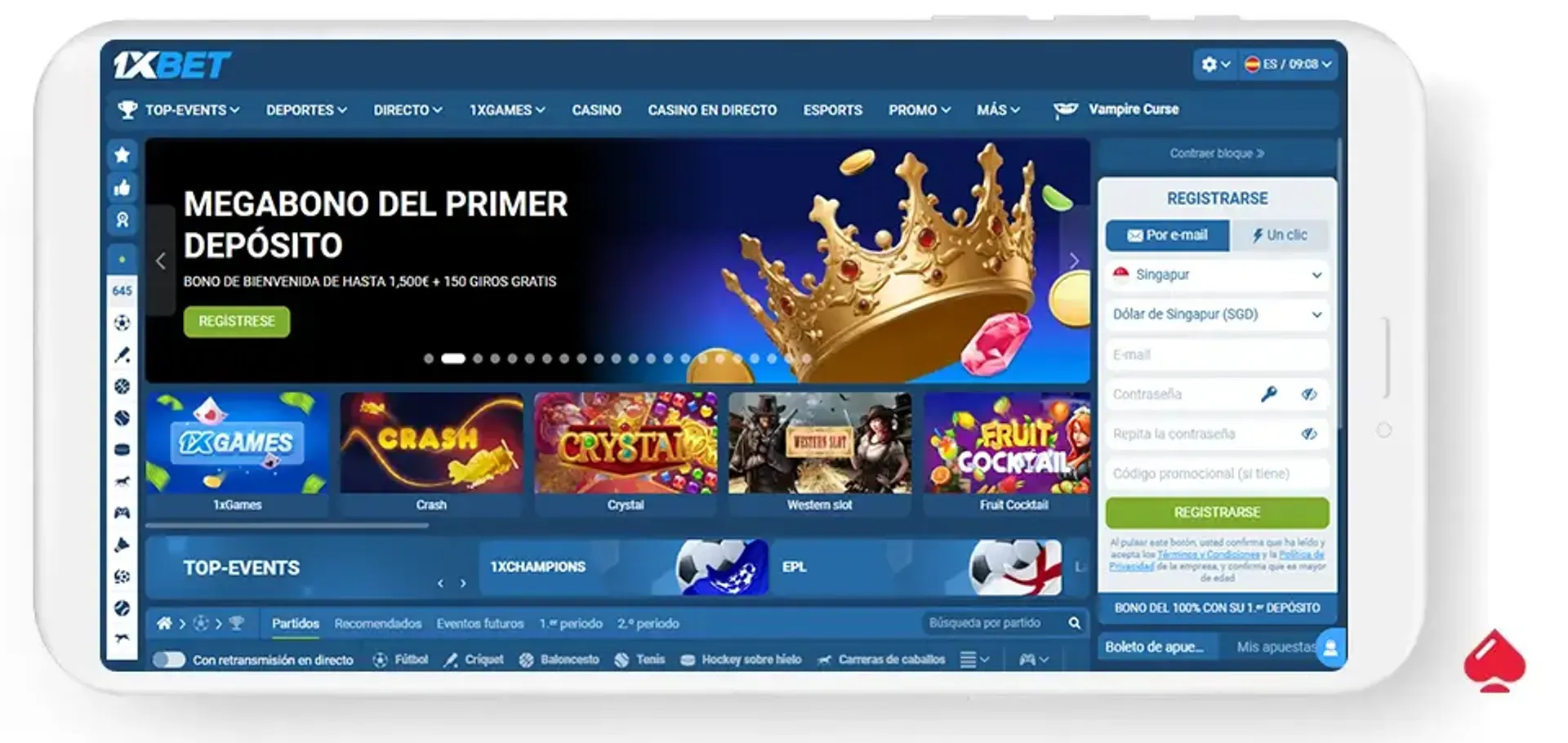 Captura del lobby de 1xbet, un operador que acepta Skrill