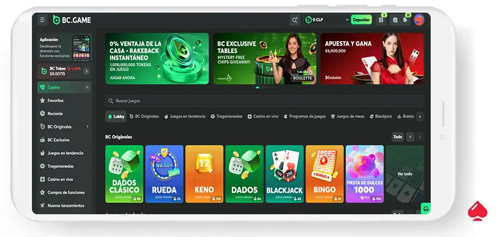 Captura del casino BC.Game, el cual acepta USDT
