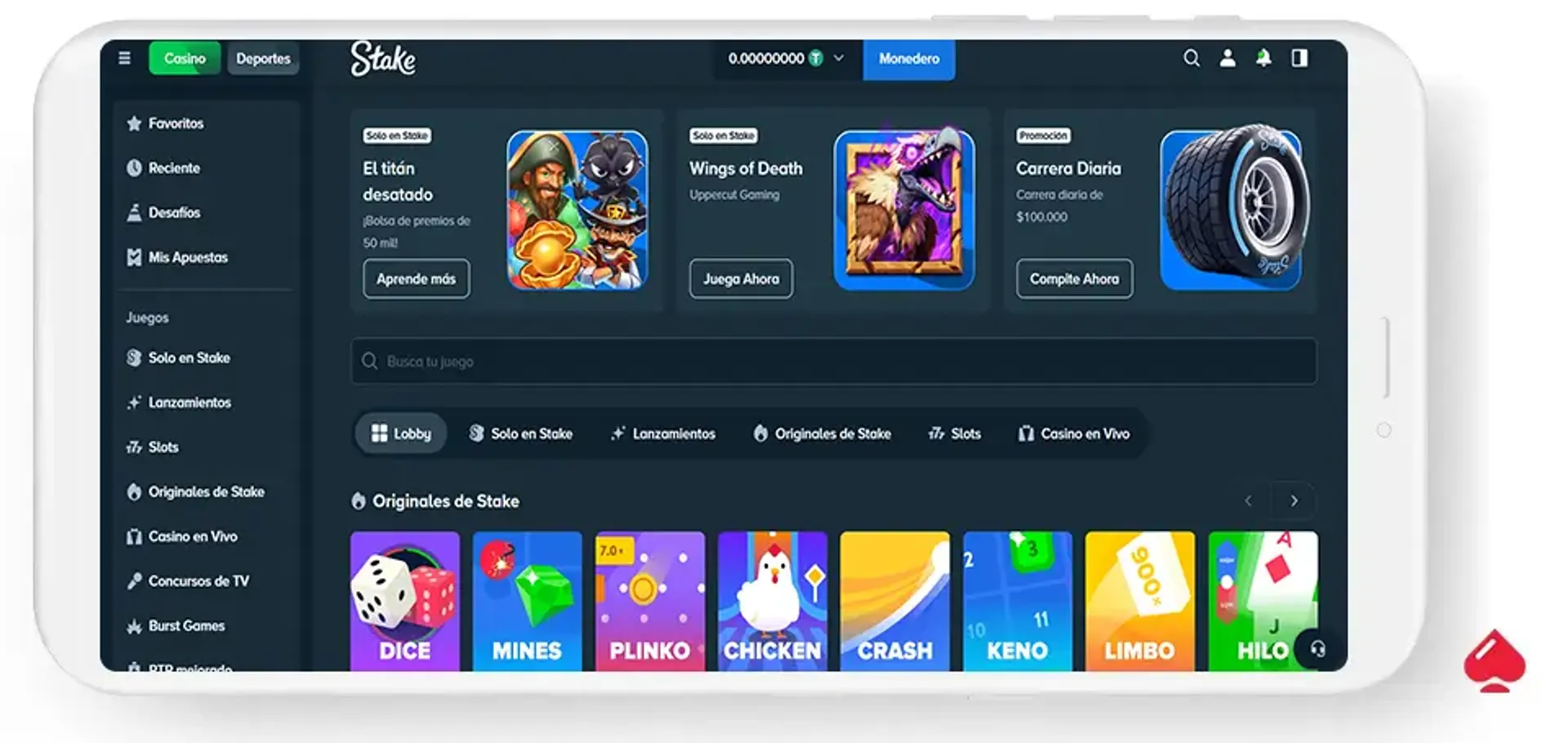 Captura del casino Stake, el cual acepta USDT