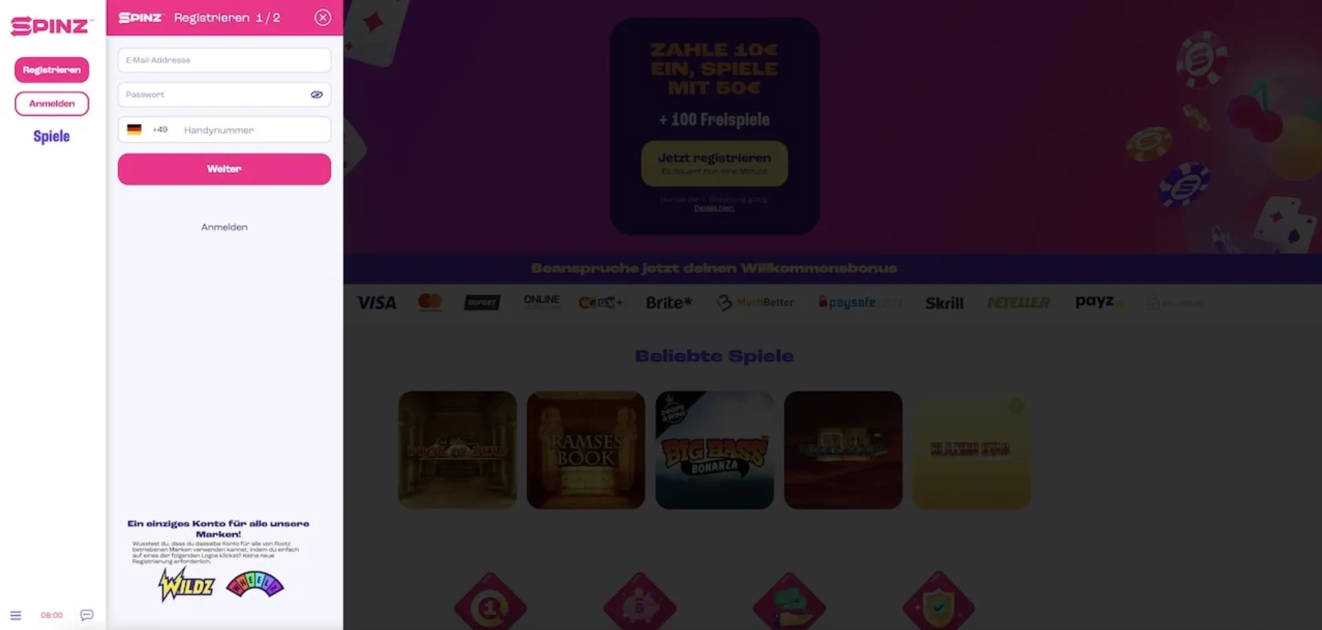 Spinz Casino Registrierung