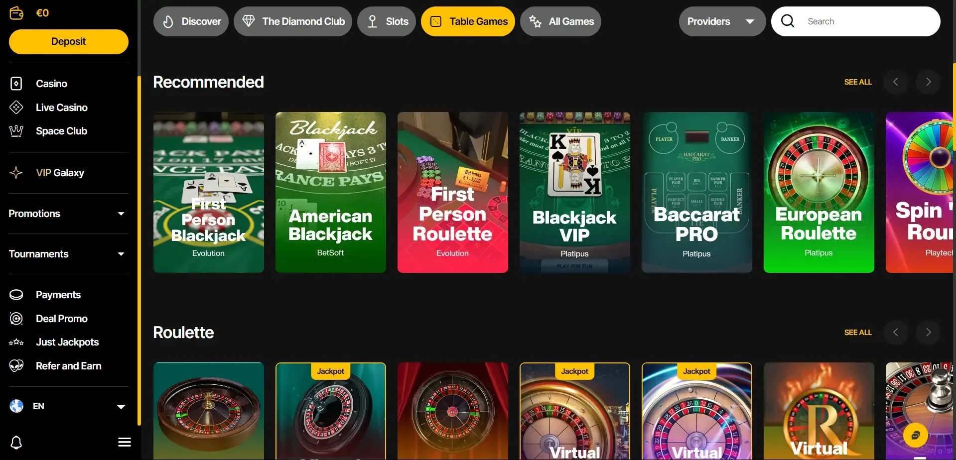 Table games selection at JustCasino