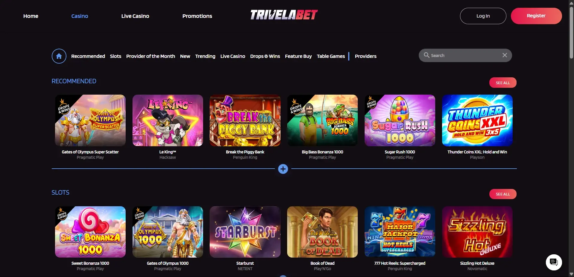 Game lobby at Trivelabet