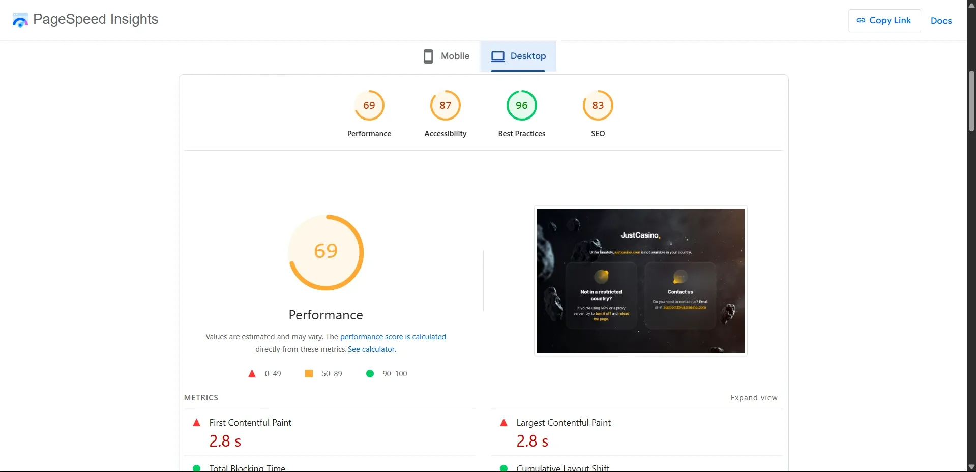 How JustCasino site performs