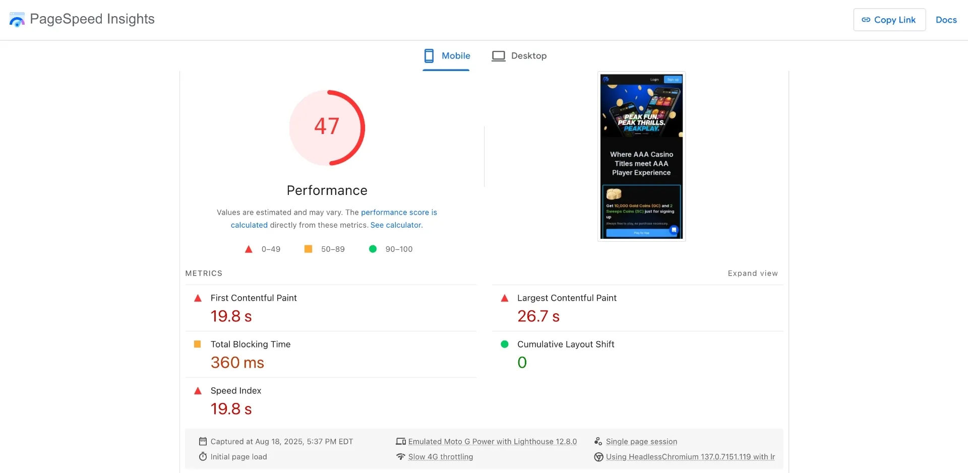 Peak Play page speed