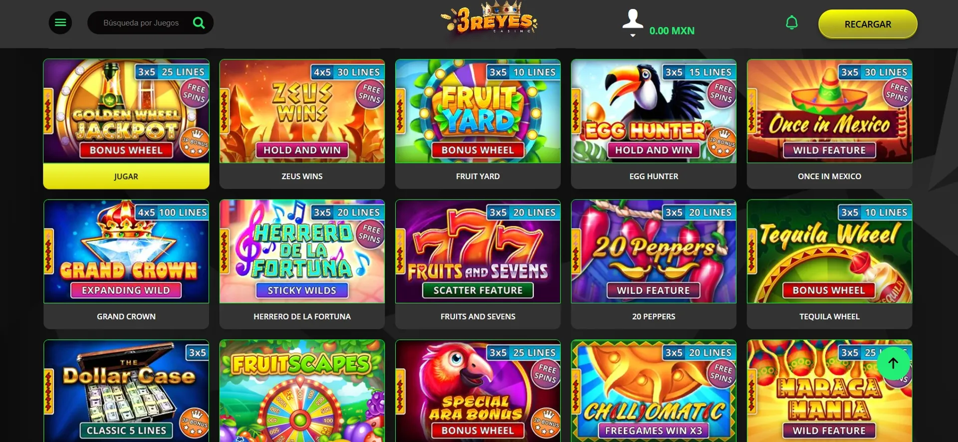 juegos en 3reyes Captura de la sección de juegos de casino en 3reyes