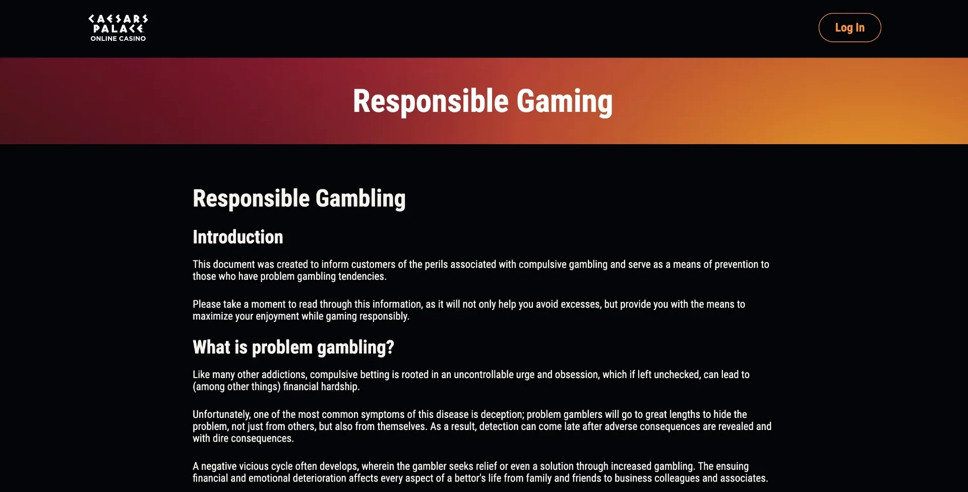 Caesars Palace casino responsible gaming
