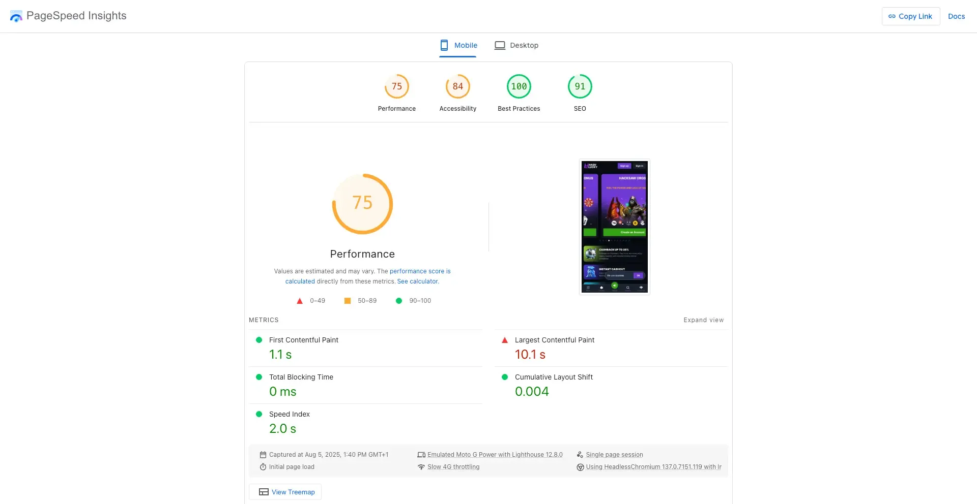 Hushluck casino page speed