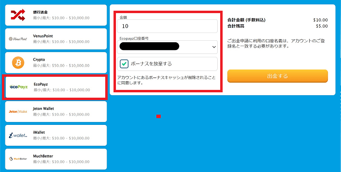 Withdraw via ecopayz from verajohn 3 ベラジョンカジノからecopayzで出金する方法-3
