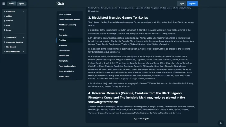 Which countries are blacklisted at Stake