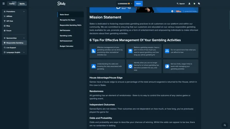 Responsible gambling at Stake