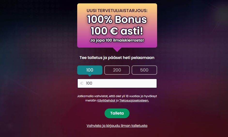 Boom casino bonus Tummalla taustalla värikäs laatikko jossa tarjousteksti